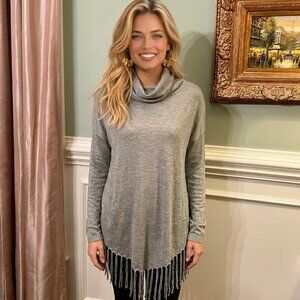 EEUC Women's Peter Nygard Gray‎ Cowl Neck Sweater Fringe Hem Size MEDIUM